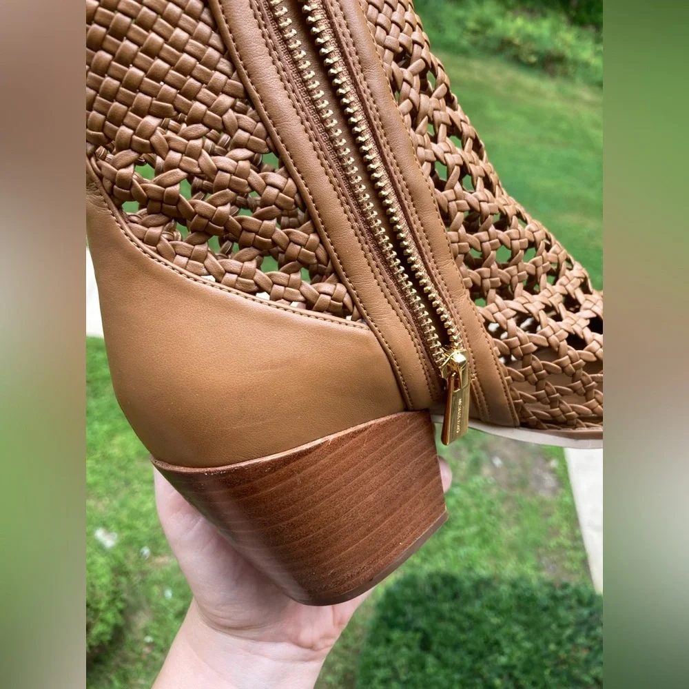 Michael Kors Augustine Tan Brown Woven Leather Ankle Bootie Western Style Boot